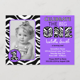 Zebra Print Lila Girls Erster Geburtstag Einladung