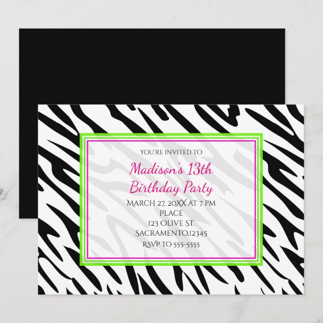 Zebra Print Lime Green und Pink Party Einladungen (Vorne/Hinten)