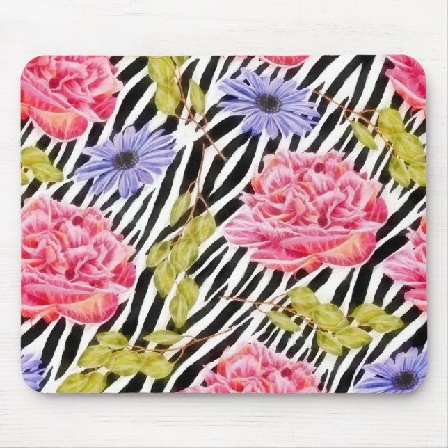 Zebra Print mit schick rosa und Lila floralen Mousepad (Vorne)