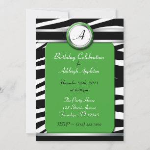 Zebra Print Monogram Green Birthday Einladungen
