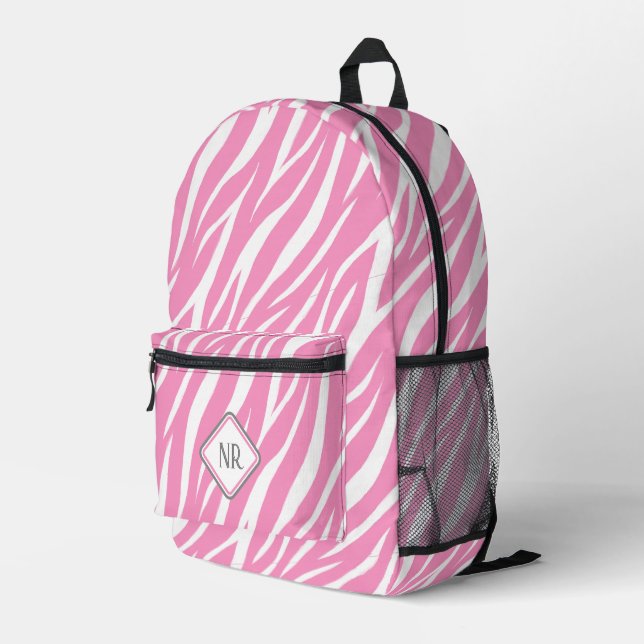 Zebra Print Monogram, niedlich, weiß und rosa Must Bedruckter Rucksack (Rückseitige Ecke Rechts)