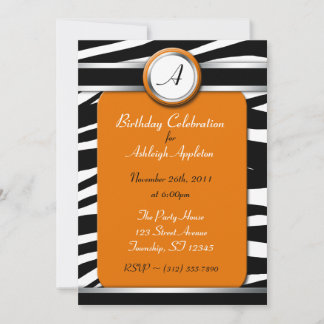 Zebra Print Monogram Orange Birthday Einladungen