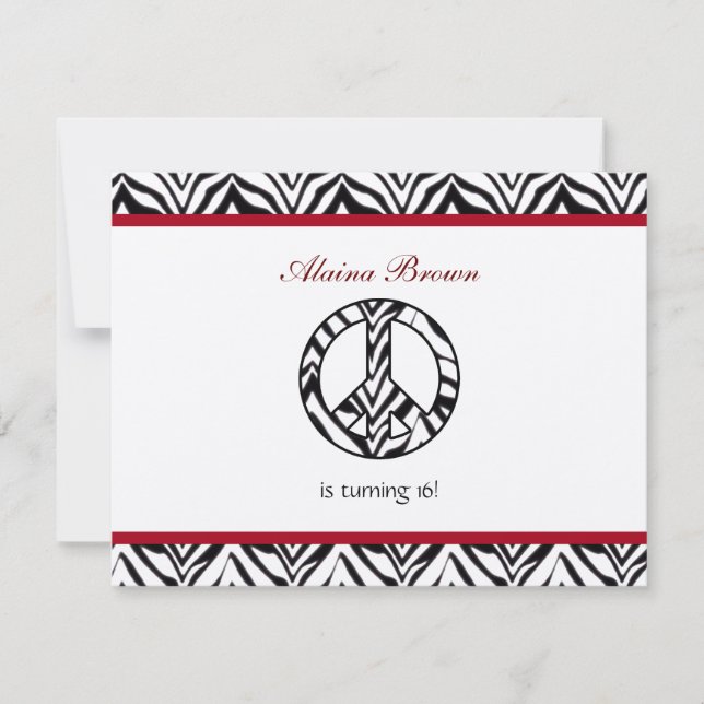 Zebra Print Peace Sign Geburtstagsparty Einladung (Vorderseite)