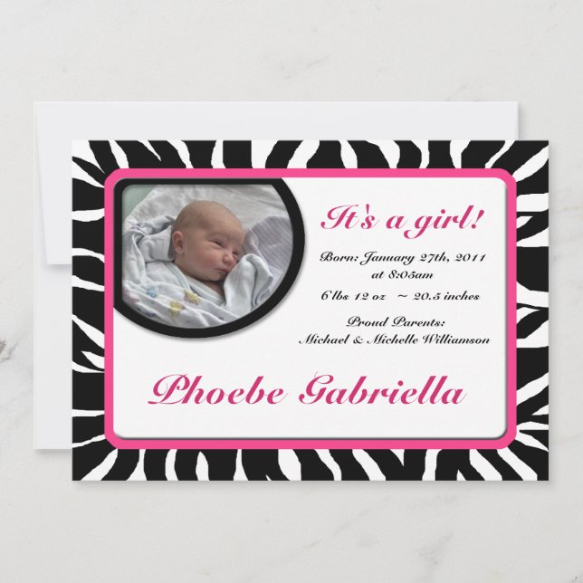 Zebra Print Pink Birth Ankündigungen (Vorderseite)