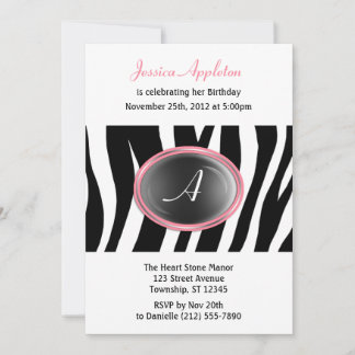 Zebra Print Pink Glas Monogram Birthday Einladung