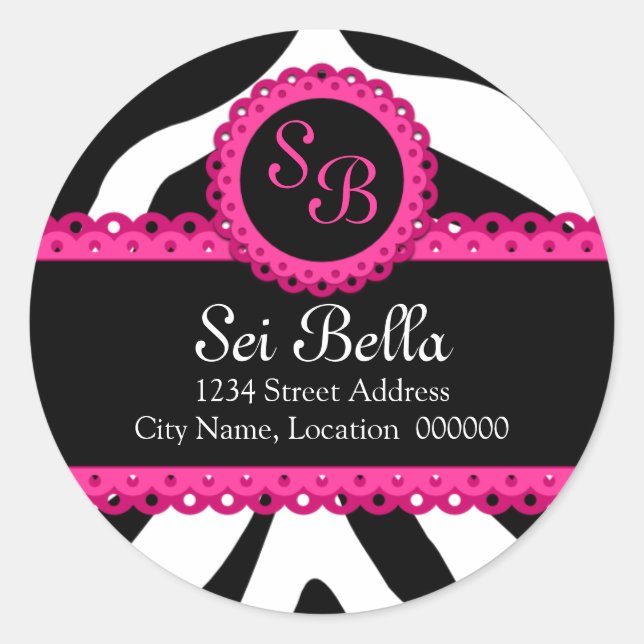 Zebra Print & Pink Lace Monogram Stickers (Vorderseite)