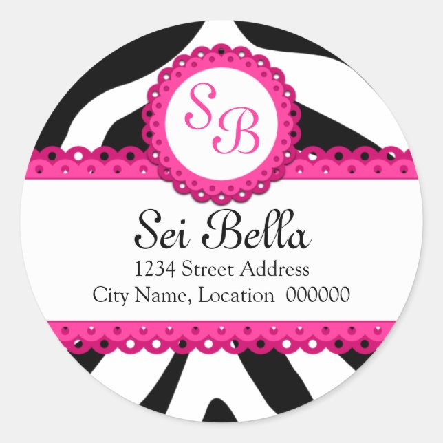 Zebra Print & Pink Lace Monogram Stickers (Vorderseite)
