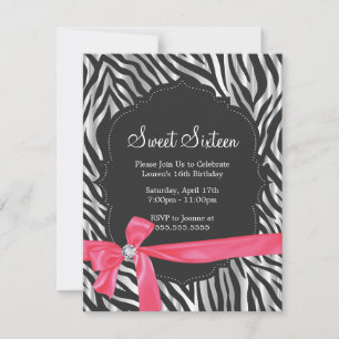Zebra Print Pink Ribbon & Diamond Mode Sechzehn Einladung