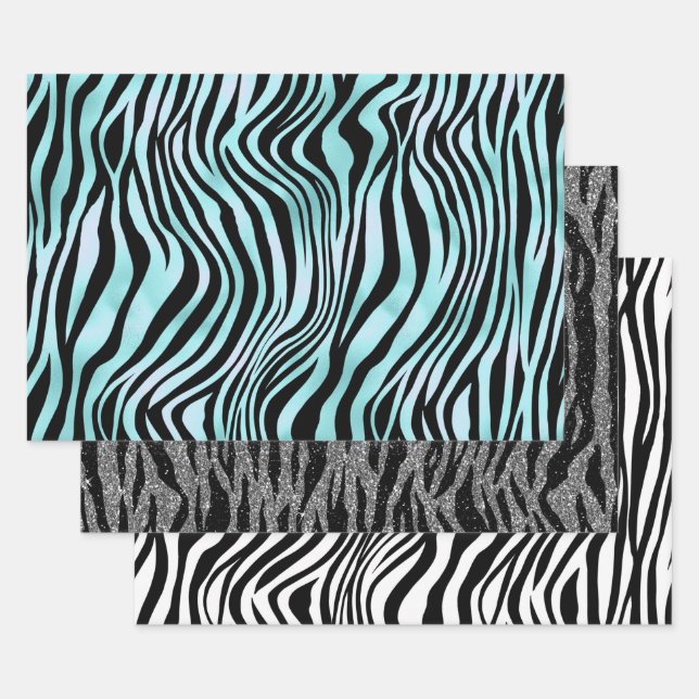 Zebra Print Schwarz und Aquamarin Türkis und Weiß Geschenkpapier Set (Set)