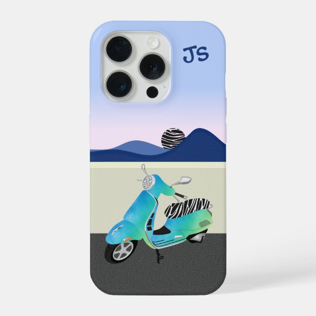 Zebra Print Scooter Moon Illustration Monogram iPhone Hülle (Rückseite)