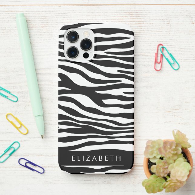 Zebra Print, Streifen, Schwarz und Weiß, Ihr Name iPhone Hülle (Auf dem Schreibtisch)