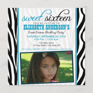 Zebra Print Sweet 16 Party Einladung (Aqua blue)