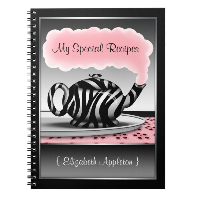 Zebra Print Teapot Pink & Black Rezept Notebook Notizblock (Vorderseite)