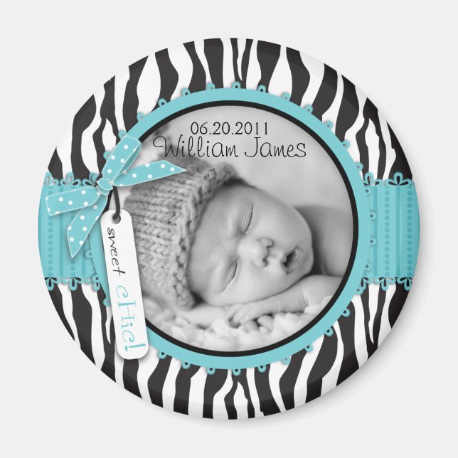 Zebra Print Turquoise Akzent Geburtsankündigung Magnet (Vorne)