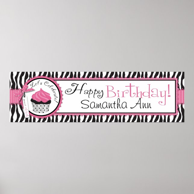 Zebra Print und Cupcake Birthday Banner Poster (Vorne)