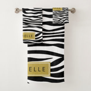 Zebra Print, Zebra, Schwarz und Weiß, Ihr Name Badhandtuch Set