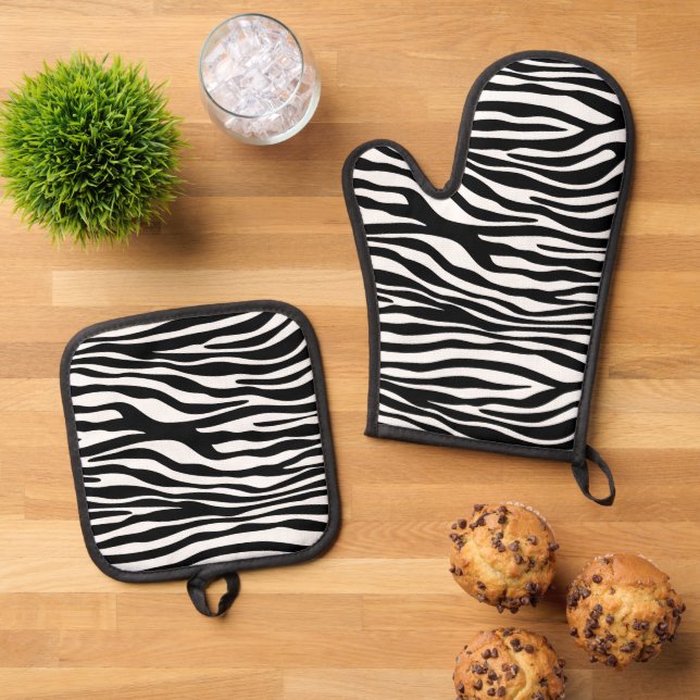 Zebra Print, Zebrastreifen, schwarz und weiß Ofenhandschuh & Topflappen-Set (Oben Unten)