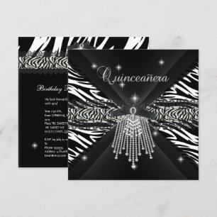 Zebra Quinceanera 15. Weiß Schwarz Zebra Spitze 3 Einladung