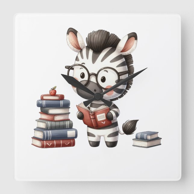 Zebra Reading Bücher. Quadratische Wanduhr (Vorderseite)