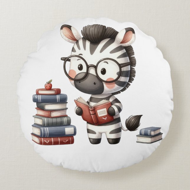 Zebra Reading Bücher. Rundes Kissen (Vorderseite)