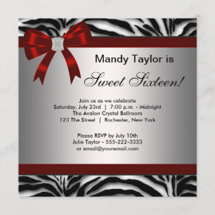 Zebra Red Bow Extravagant 16 . Geburtstag Einladung