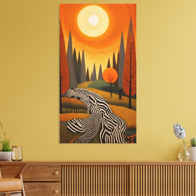 Zebra River: Dot Art Sunset in the Wild Leinwanddruck (Insitu (Wohnzimmer))
