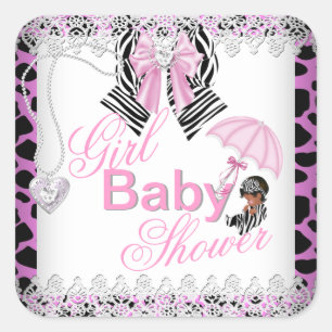 Zebra Rosa Mädchen Baby Shower African American Quadratischer Aufkleber