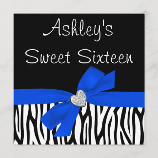 Zebra Royal Blue Bow Diamond Sweet 16 Einladungen