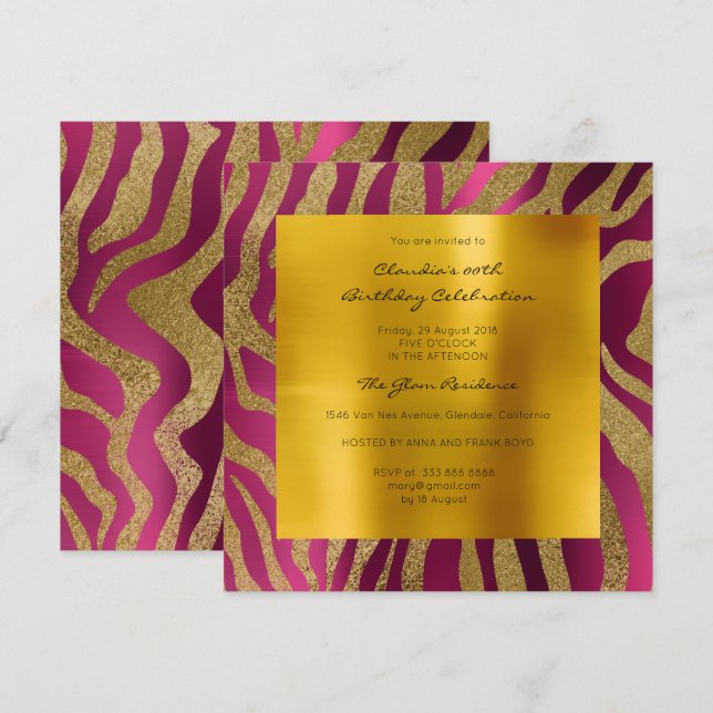 Zebra Safari Animal Skin Raspberry Mustard Gold Einladung (Vorne/Hinten)