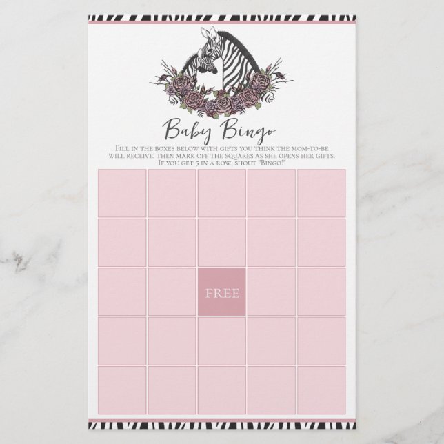 Zebra Safari Baby Shower Bingo Game (Vorderseite)