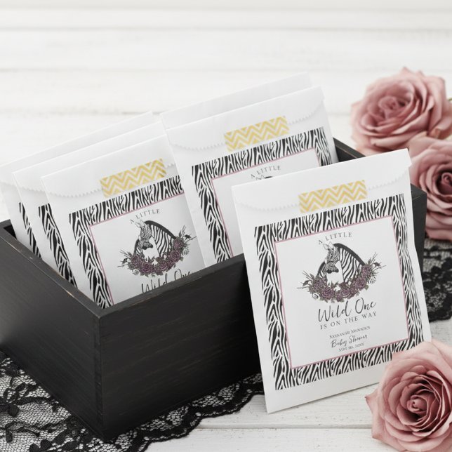 Zebra Safari Baby Shower Little Wild One Party Geschenktütchen (Cute Jungle Animals Baby Shower Favor Bags with Baby Zebra, Mama Zebra, Zebra Print and Pink Border)