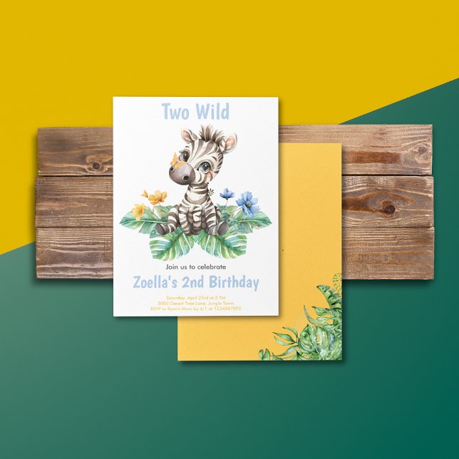 Zebra Safari Dschungel Party Einladung (Safari Jungle Watercolor Zebra Yellow Blue Flowers Greenery Birthday Invitation)