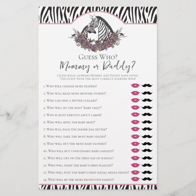 Zebra Safari Mommy or Daddy Baby Shower Game (Vorderseite)