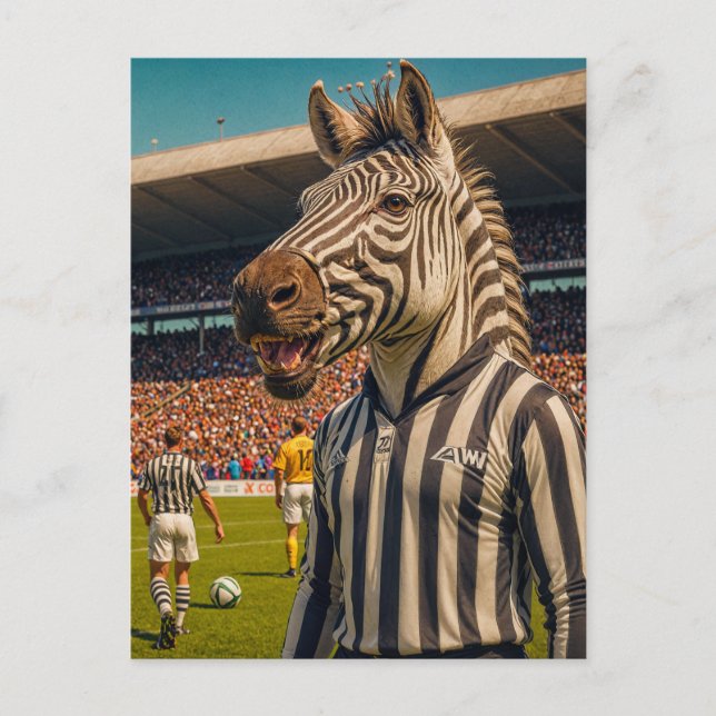 Zebra-Schiedsrichter bei einem Fußballspiel Postkarte (Vorderseite)