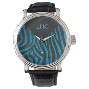 Zebra Schwarz und Blau mit Monogramm Armbanduhr