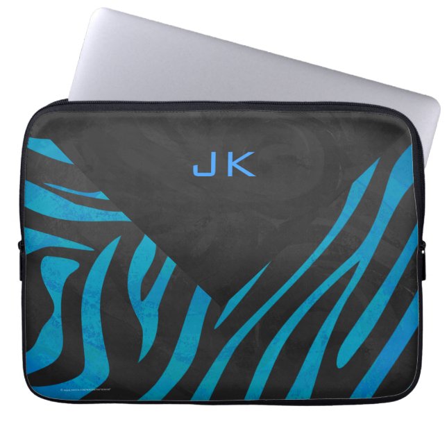 Zebra Schwarz und Blau mit Monogramm Laptopschutzhülle (Vorderseite)