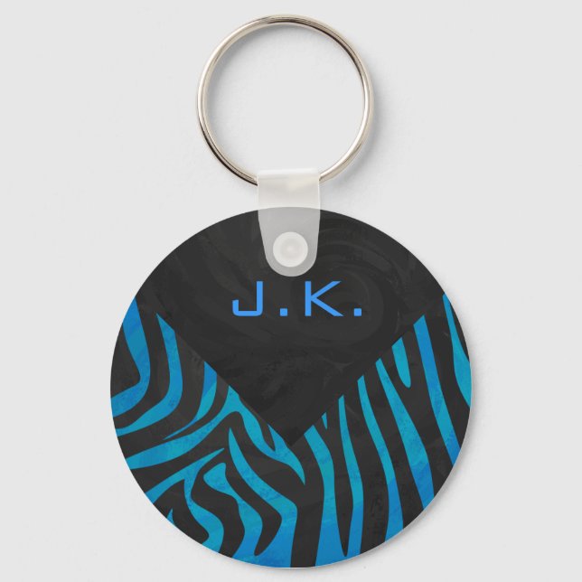 Zebra Schwarz und Blau mit Monogramm Schlüsselanhänger (Vorderseite)