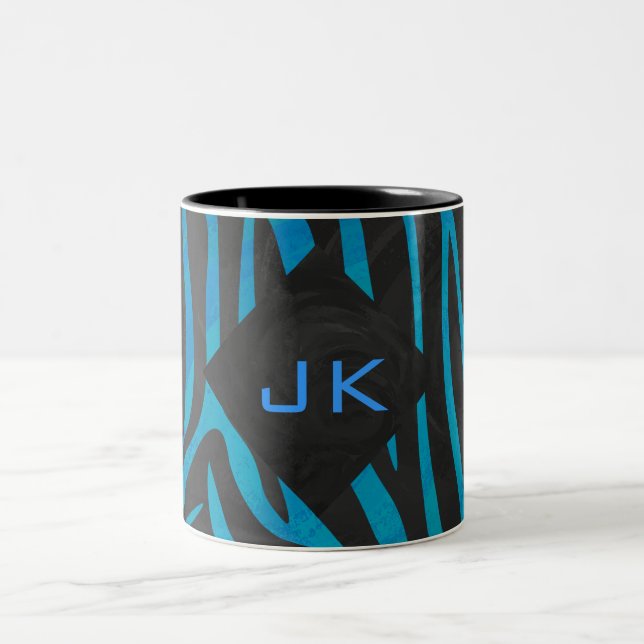 Zebra Schwarz und Blau mit Monogramm Zweifarbige Tasse (Mittel)