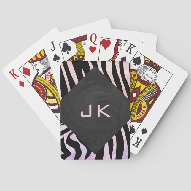 Zebra Schwarz und Rosa Monogramm Spielkarten (Rückseite)