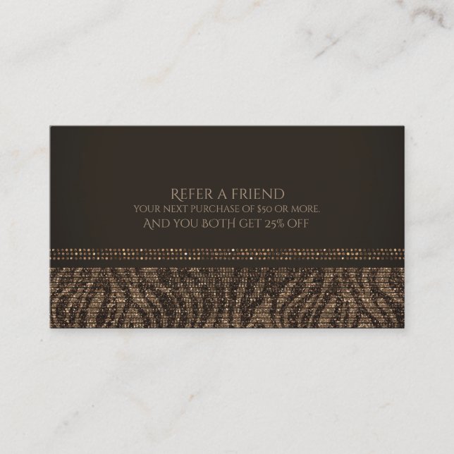Zebra Sparkle Brown Gold Glam Chic Empfehlungskarte (Vorderseite)