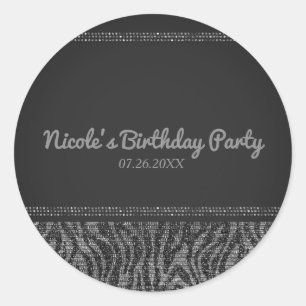 Zebra Sparkle Silver & Black Glam Gastgeschenk Runder Aufkleber