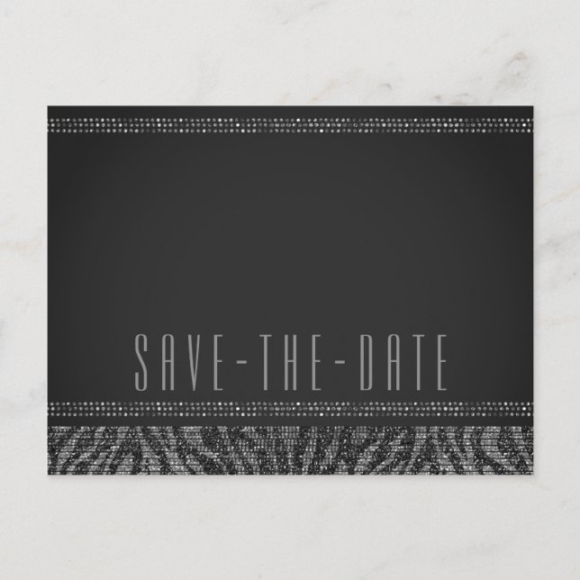Zebra Sparkle Silver & Black Glam Save the Date Ankündigungspostkarte (Vorderseite)