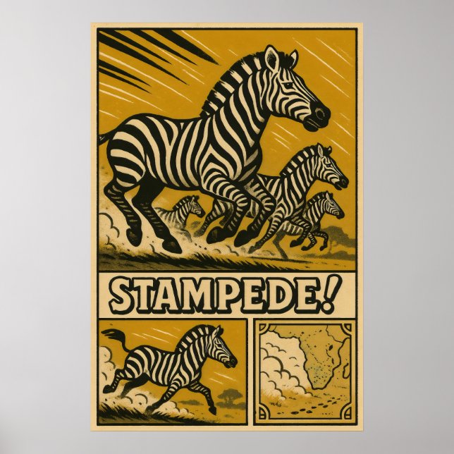 Zebra Stampede Retro Safari Kunst Poster (Vorne)