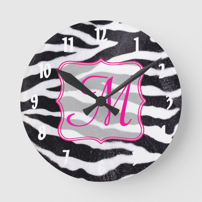Zebra Stripe Animal Monogram, Initial Wall Clock Runde Wanduhr (Vorderseite)