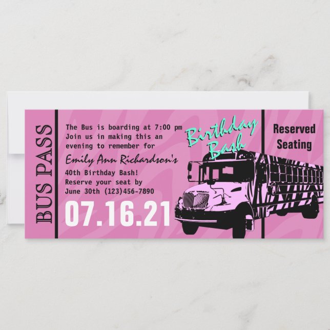 Zebra Stripe Bus Pass Geburtstagsparty Einladung (Vorderseite)