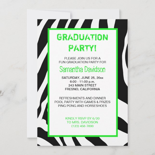 Zebra Stripe Graduation Party Einladung Grün (Vorderseite)