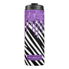Zebra Stripe Muster mit Lila Glitzer Tropfen Thermosbecher
