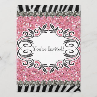 Zebra Stripe Pink Glitzer Girl Geburtstagseinladun Einladung