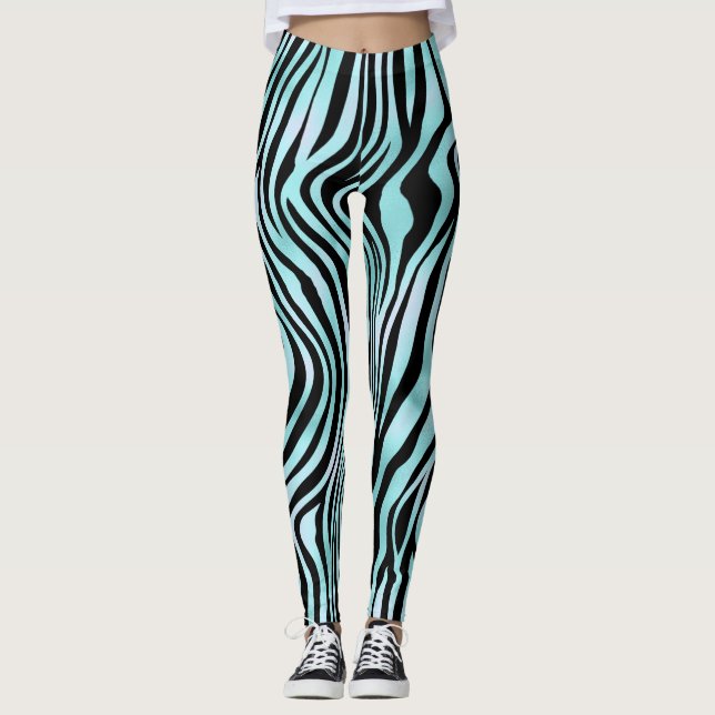 Zebra Stripe Türkis Aquamarin und schwarz Leggings (Vorderseite)