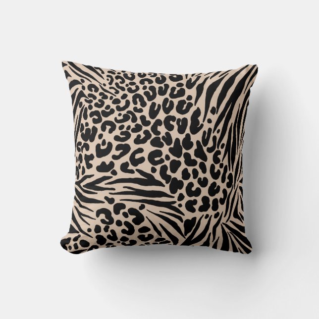 Zebra Stripes Leopard Beige Schwarzes Wildtier Kissen (Vorderseite)